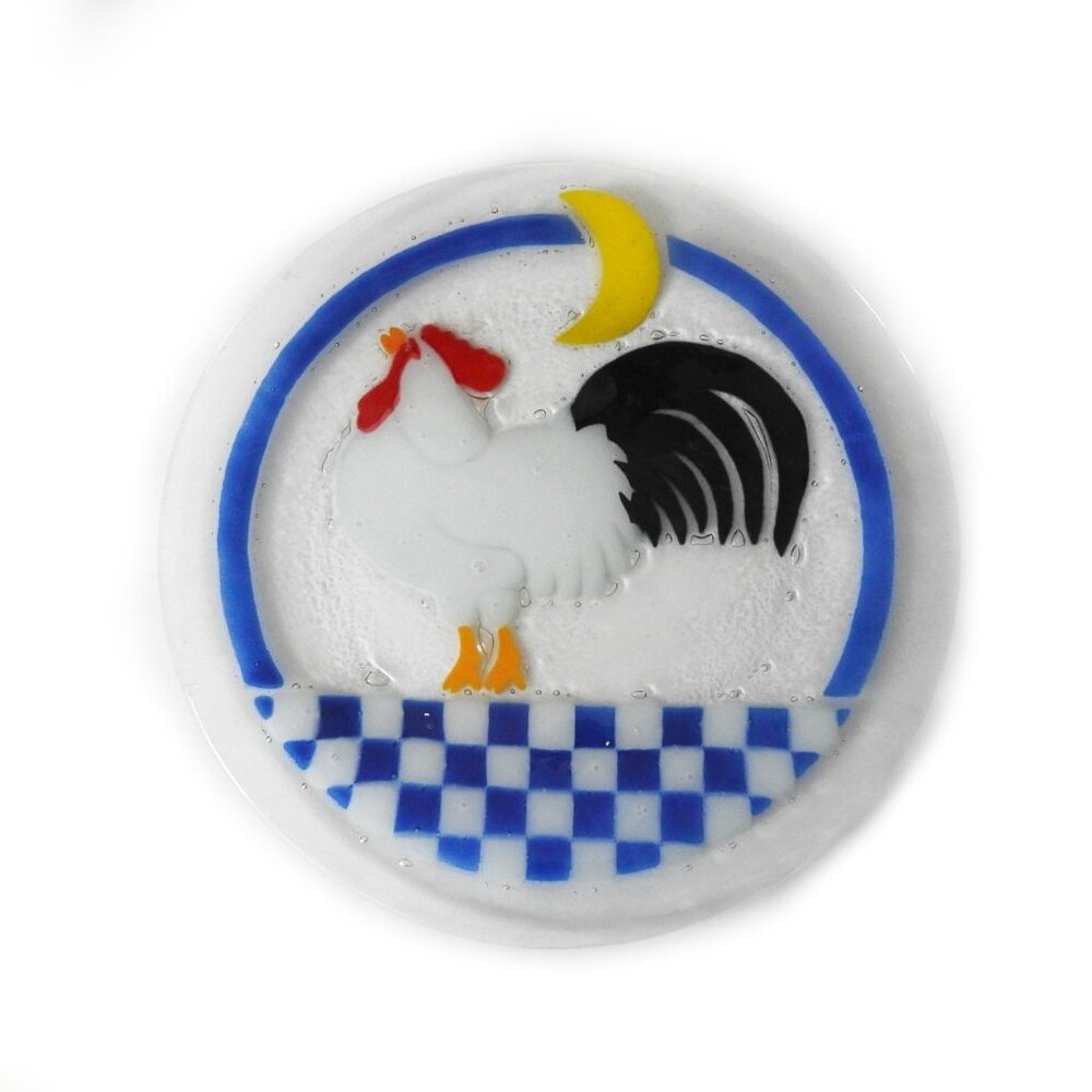 Rooster Blue Checkerboard Fused Glass Platter By Peggy Karr 14.5"